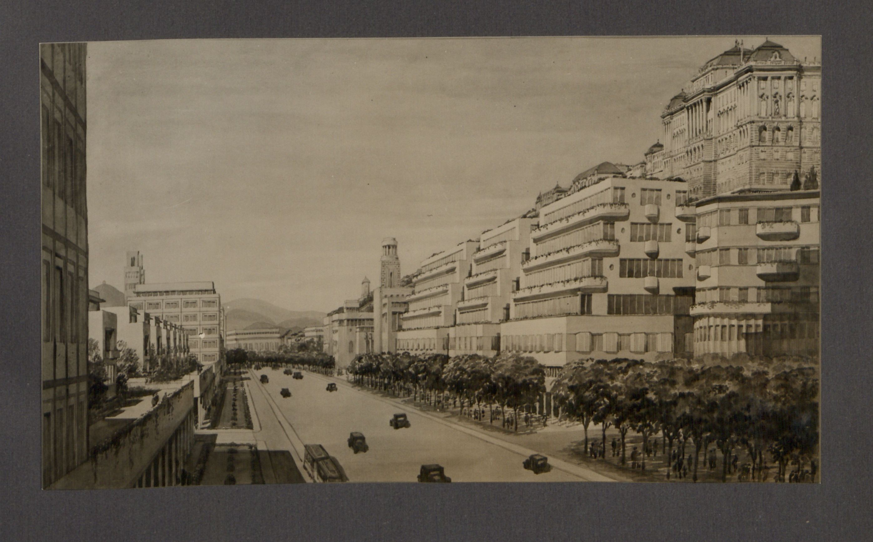 Az Erzsébet hídhoz vezető főút, a Krisztina körút elképzelt beépítése, jobb oldalt a Várpalotával. Vágó József építész fantáziaterve, 1937 előtt (BFL XIV.243.d.3)