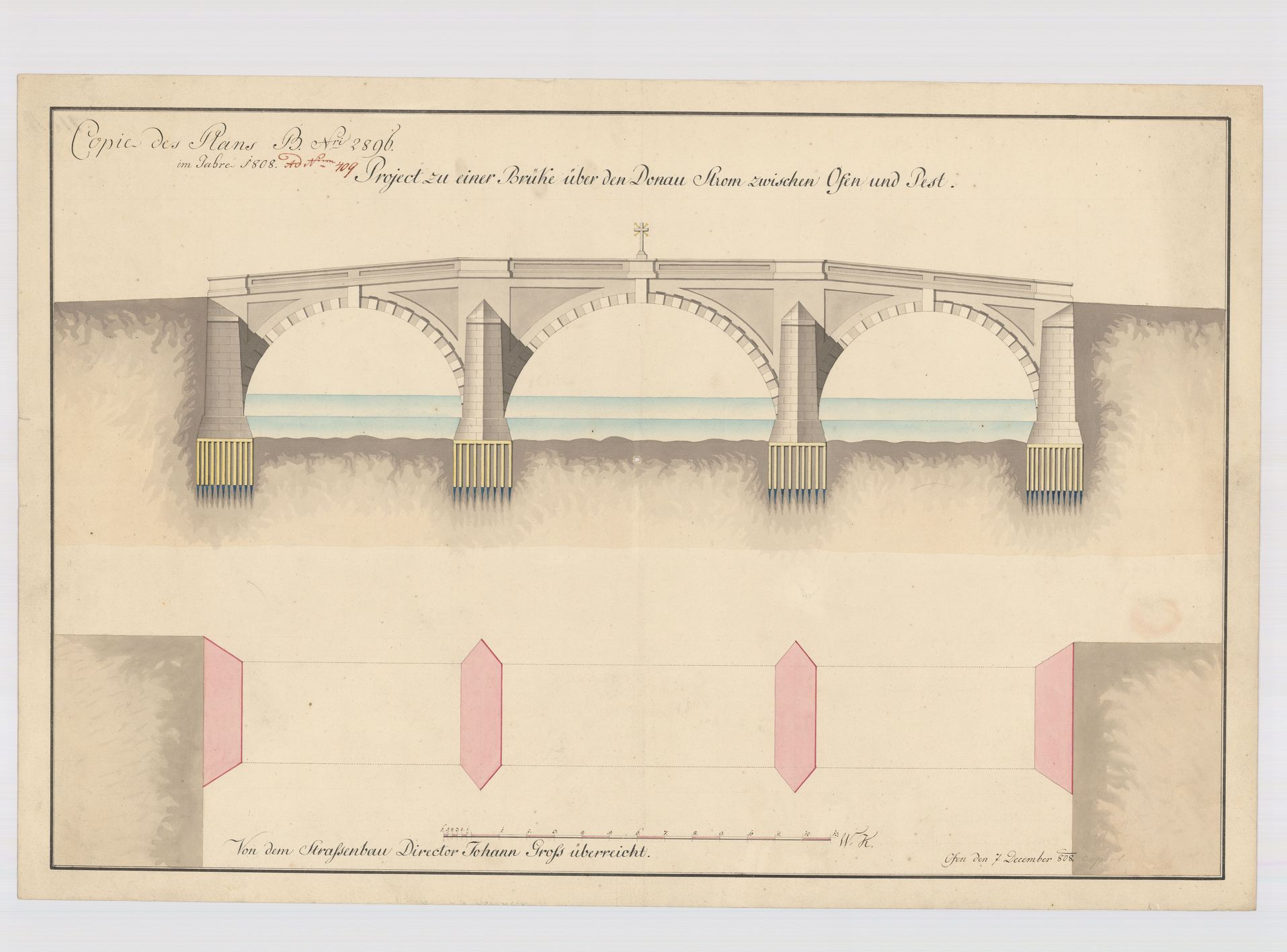 Johann Gross útépítési igazgató által Pest és Buda közé tervezett kőhíd, 1808. (MNL OL S80 Duna No. 9/1)