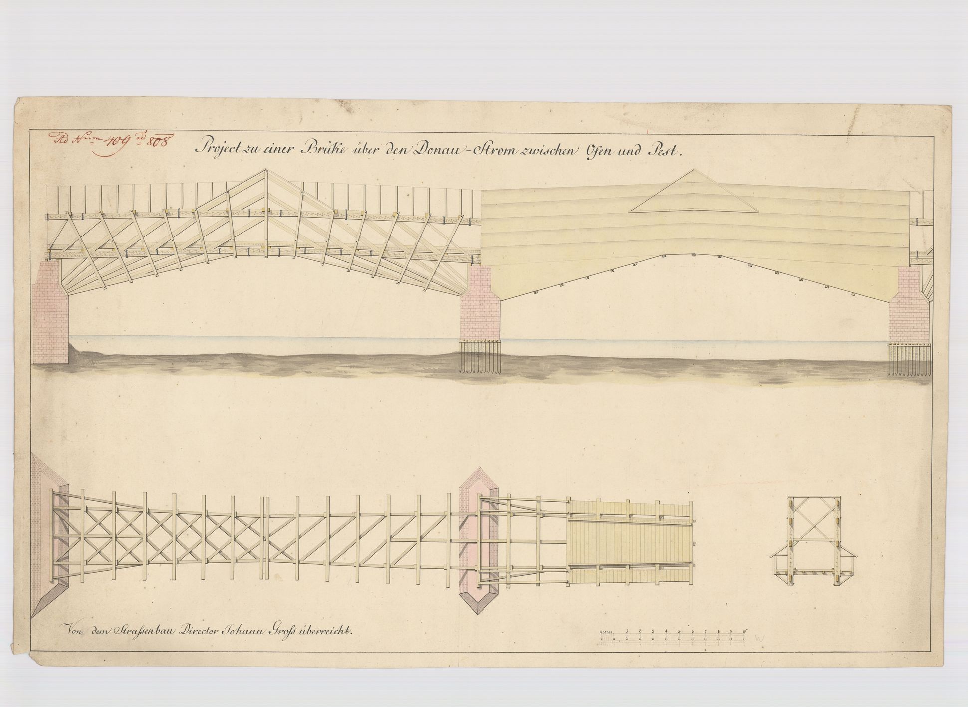 Johann Gross útépítési igazgató által Pest és Buda közé tervezett faszerkezetű fedett híd, 1808. (MNL OL S80 Duna No. 9/2)