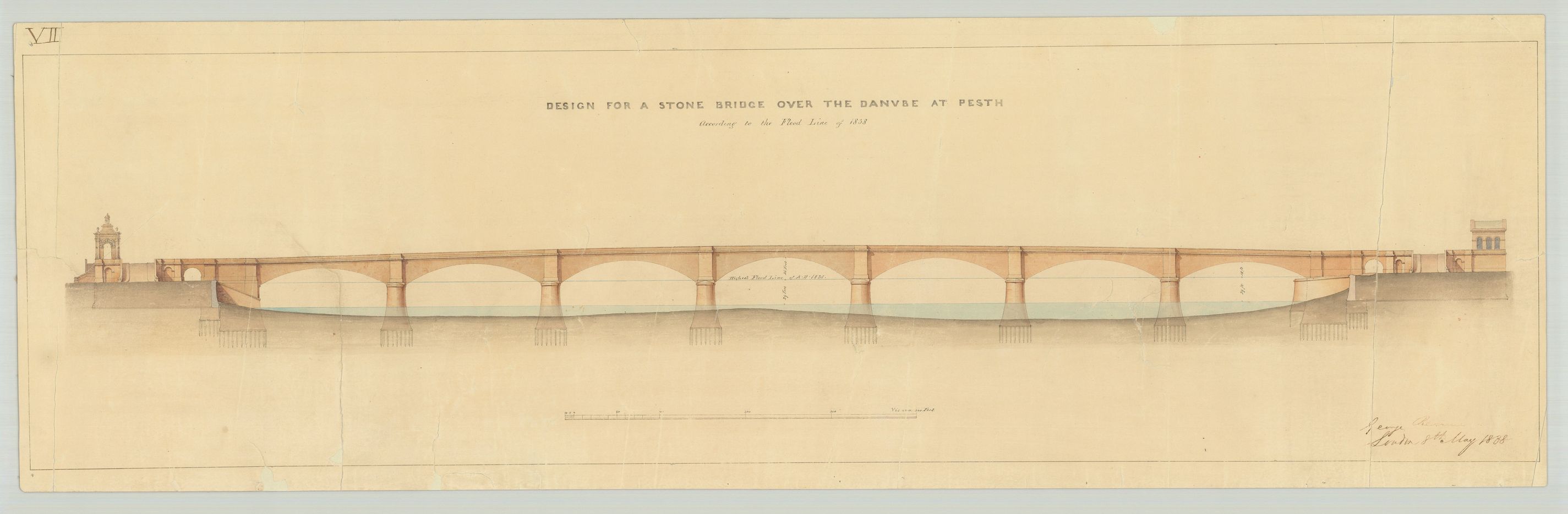 George Rennie brit mérnök három terve a Pest és Buda között emelendő állandó hídra: kőhíd, két-, illetve hárompilléres lánchíd, 1838, (MNL OL S70 No. 185/1-3) 