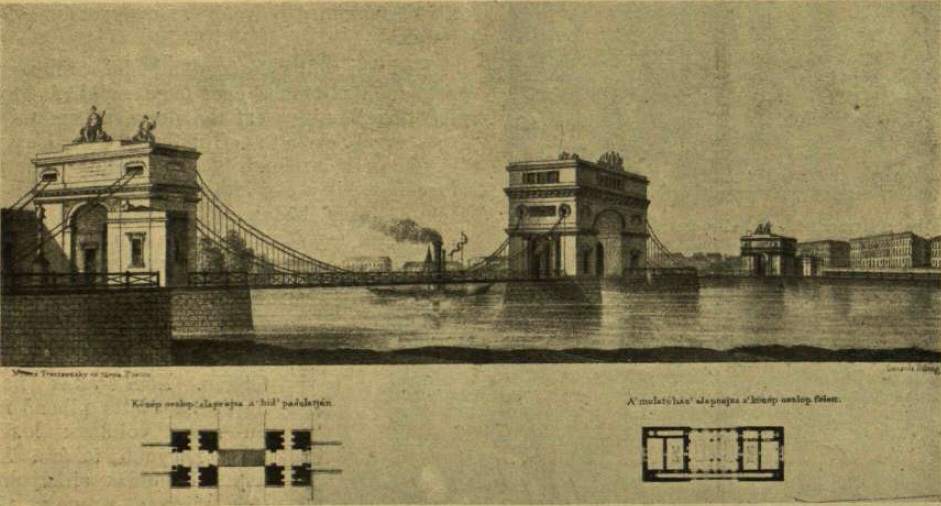 Vásárhelyi Pál hídterve. A Duna középvonalában a Margit-szigettől a híd középső pilléréig keskeny töltés húzódott volna, amelyet a tervező rakodópartnak és sétahelynek szánt, 1838. (Vasárnapi Újság, 1914.)
