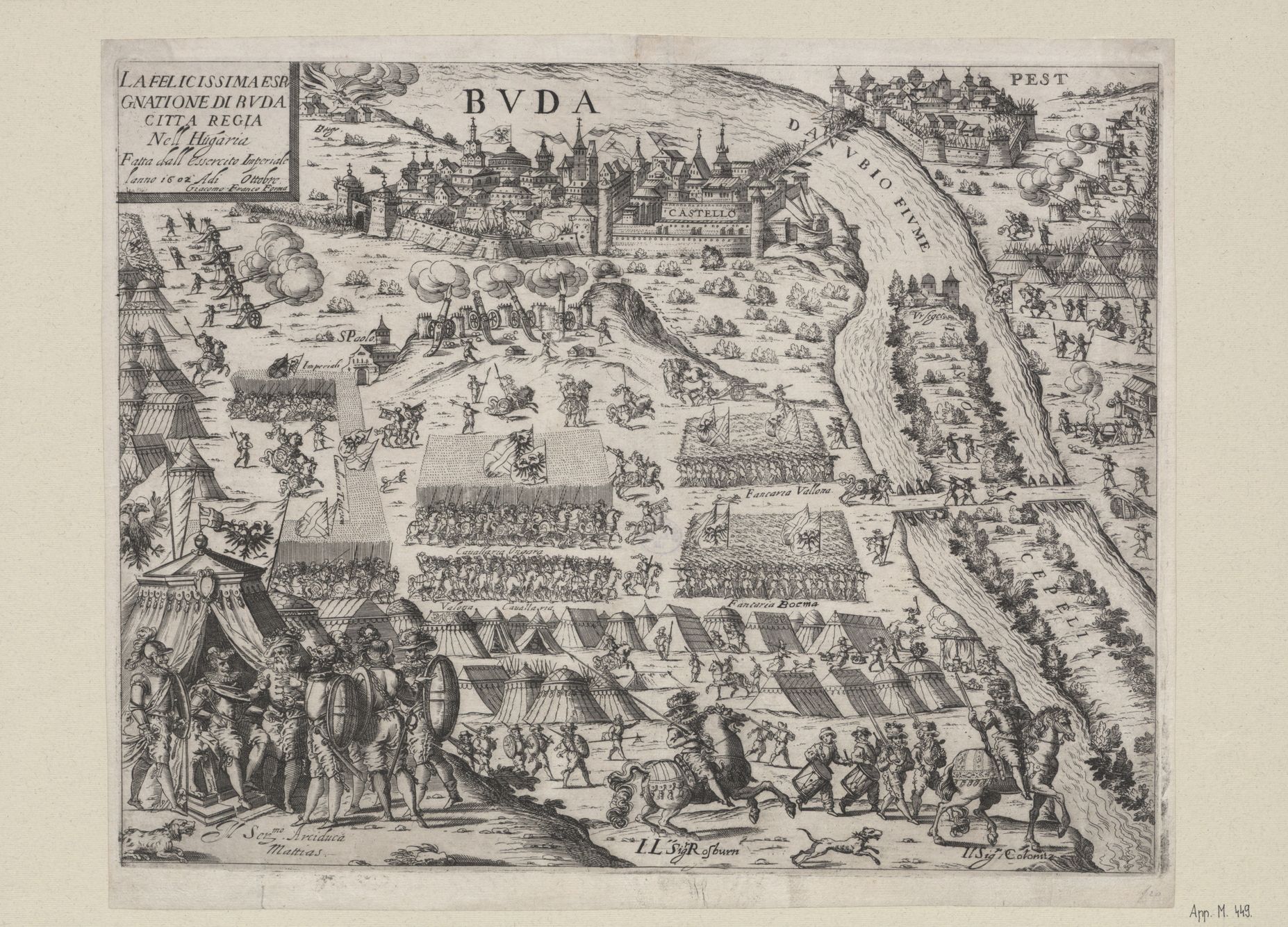 Giacomo Franco: Buda ostroma. Rézmetszet és rézkarc, 1602 után, részlet. (OSZK App. M. 449)