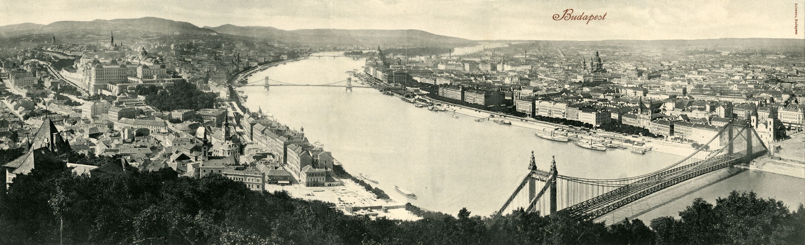 Látkép a Gellérthegyről az Erzsébet híddal, Lánchíddal és Margit híddal, 1904–1945 között (BFL XIV.243.d.2.154)