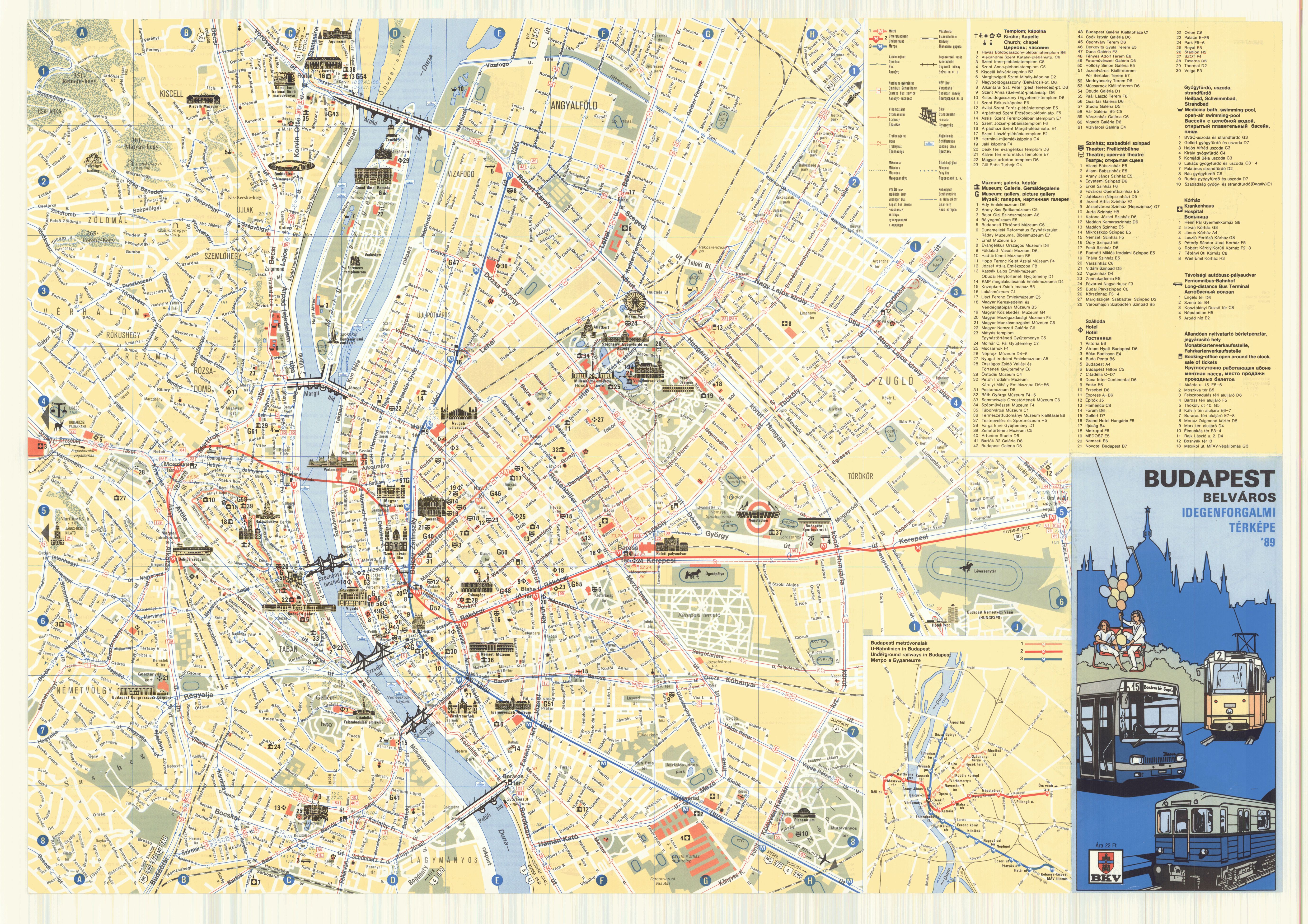 Budapest idegenforgalmi térképe a rendszerváltás előtt megépült hidakat ábrázolja, 1989. (BFL XV.16.g.201/19)