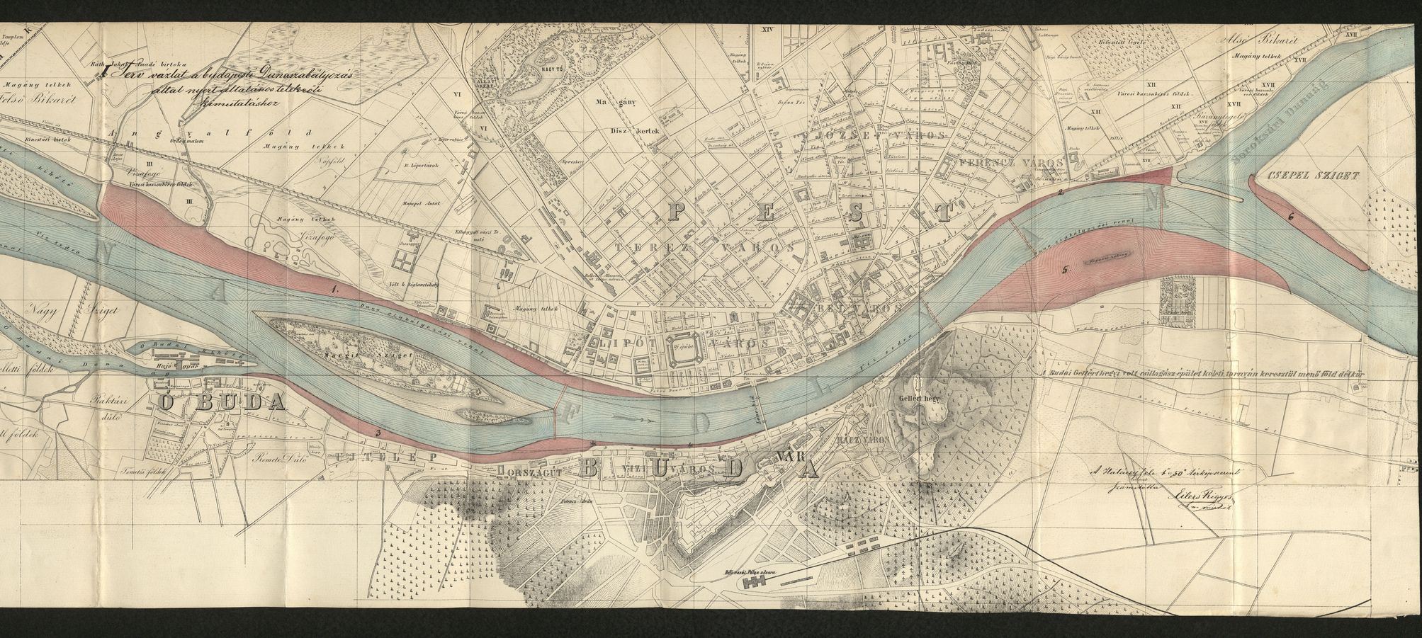 Buda, Pest és Óbuda belterületének térképe, amelyen a Duna szabályozásával nyert területek pirossal vannak jelölve. A Lánchíd már megépült, a Margit híd vonala kijelölve, a későbbi Ferenc József, Horthy Miklós és Déli összekötő vasúti híd még tervezett átkelőként szerepel. Eilers Frigyes, 1870. (MNL OL S116 No._239/1-2)